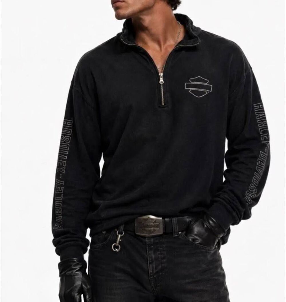Harley Davidson 1/4 zip Black Cotton ribbed embroidered sleeve sweater XL mens